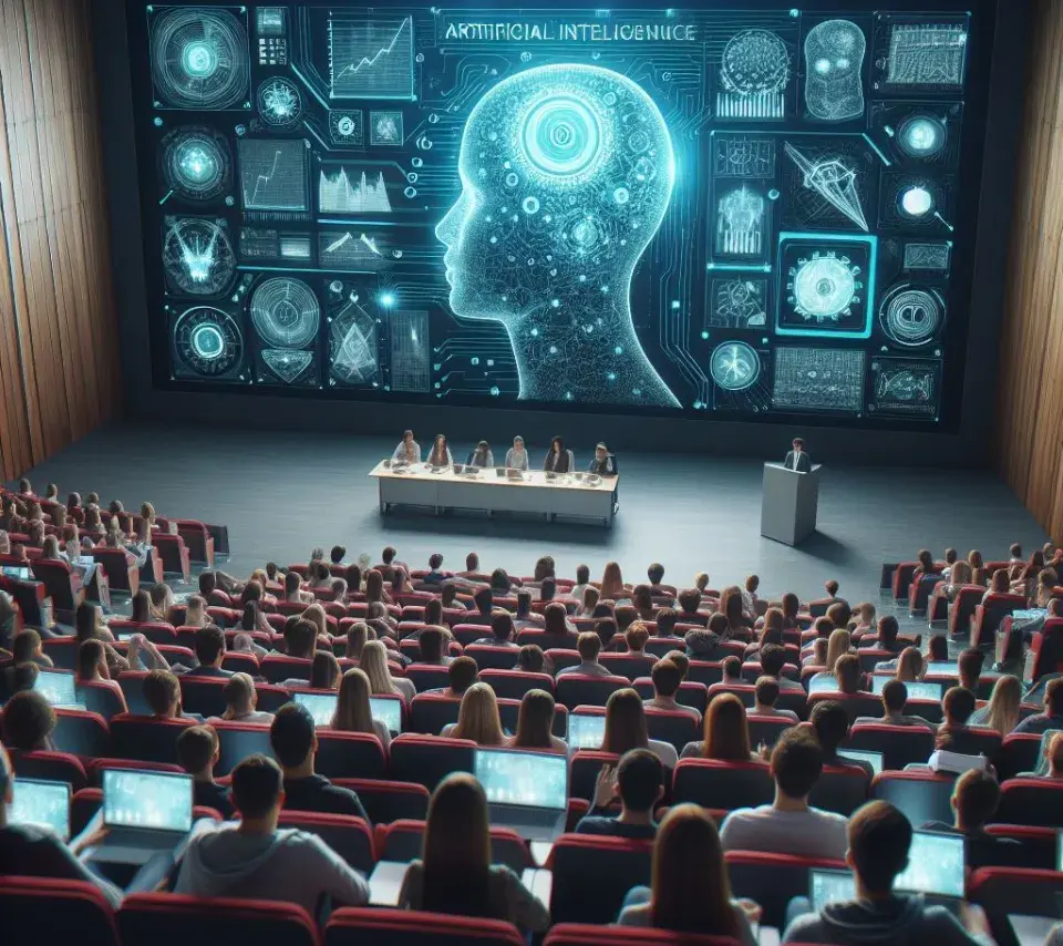 Image réalisée par Intelligence Artificielle générative et montrant un amphithéâtre rempli d'étudiants assistant à une présentation sur l'IA.